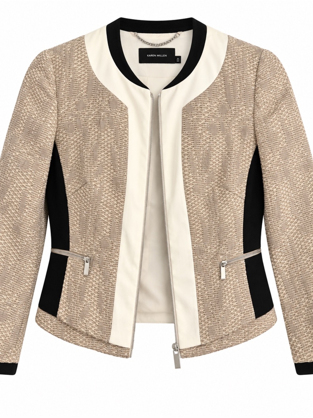 Karen Millen Beige Texture Zip Front Jacket with Black Panels